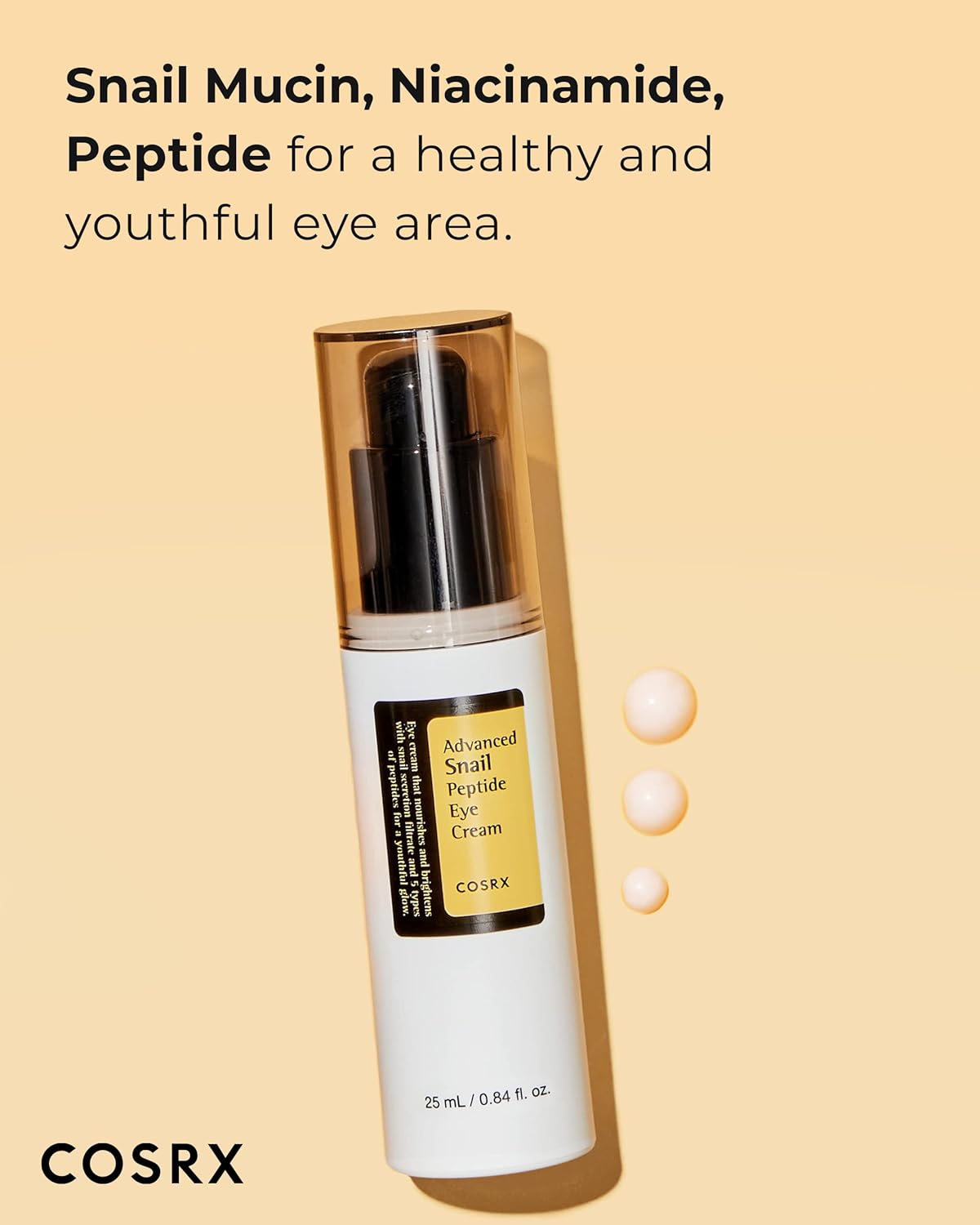 COSRX Snail Eye Cream for dark circles in a pump bottle with snail mucin and niacinamide for brightening skin