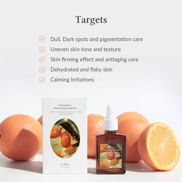 DR Althea Vitamin C Boosting Serum with orange fruits for skincare targeting dark spots and uneven tone, DR Althea Vitamin C serum reviews