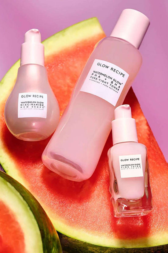 Glow Recipe Dewy Skin Kit featuring Watermelon Glow Niacinamide Dew Drops, PHA+AHA Toner, and Pink Juice Moisturizer