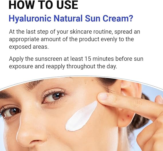Hyaluronic Acid Sunscreen SPF 50 being applied to a woman's face for effective sun protection