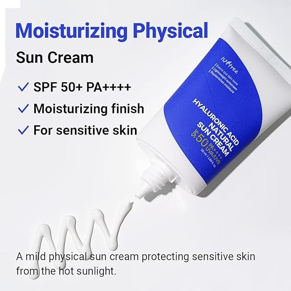 Generic hyaluronic acid sunscreen SPF 50 for sensitive skin, offers moisturizing finish and sun protection
