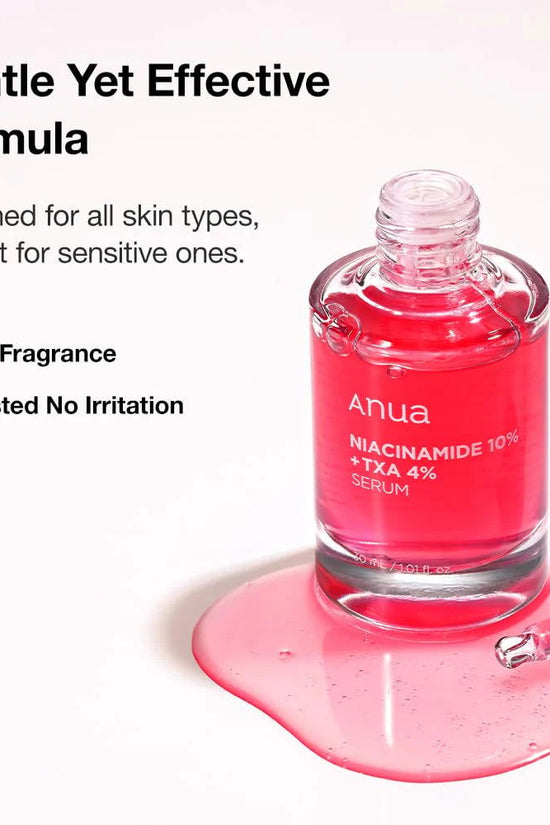Anua Niacinamide serum for sensitive skin in glass dropper bottle showcasing gentle formula for skin care