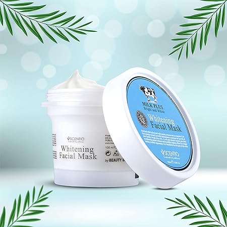 Scentio Milk Plus Facial Scrub in a white jar with a blue lid, designed for skin whitening and rejuvenation