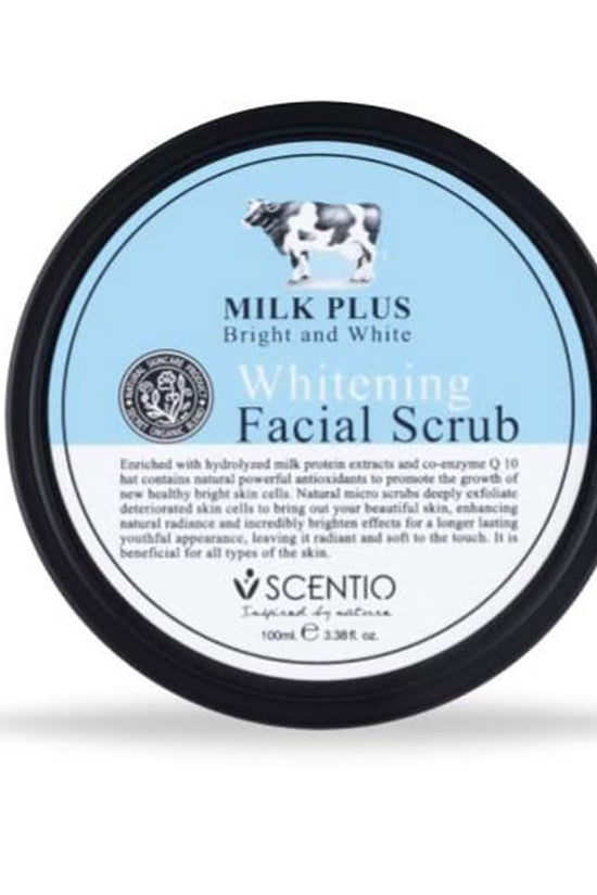 Scentio Milk Plus Facial Scrub in a 100ml container for skin brightening and exfoliation