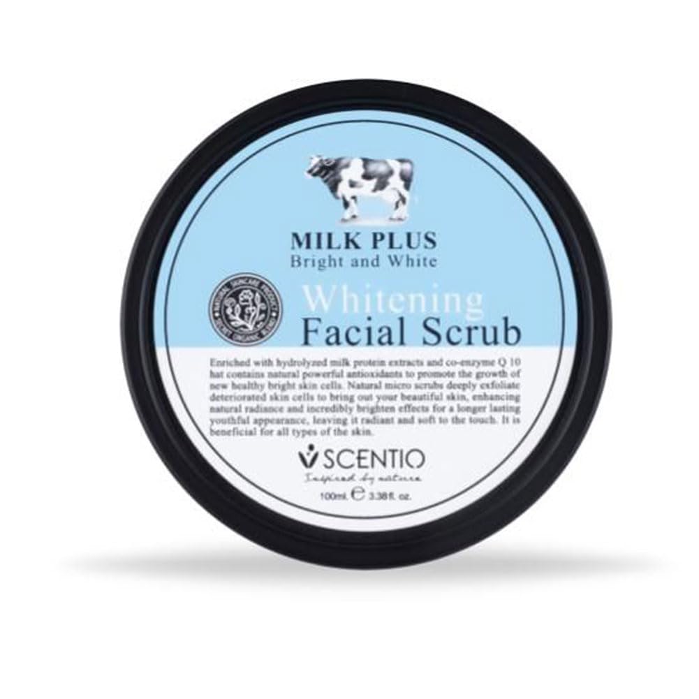 Scentio Milk Plus Facial Scrub in a 100ml container for skin brightening and exfoliation