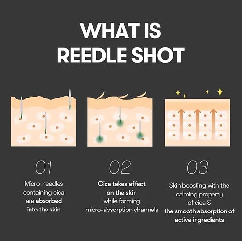 VT Cosmetics Reedle Shot 100 review infographic explaining micro-needles, cica effects, and ingredient absorption