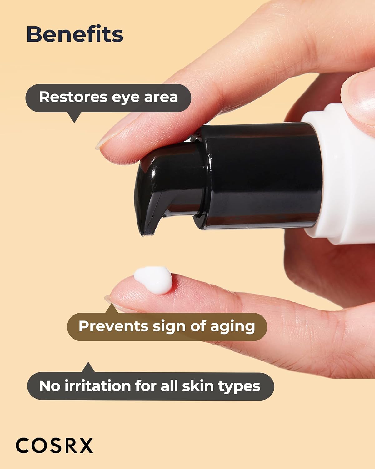 COSRX Snail Eye Cream for dark circles applied on fingertip to brighten and reduce fine lines