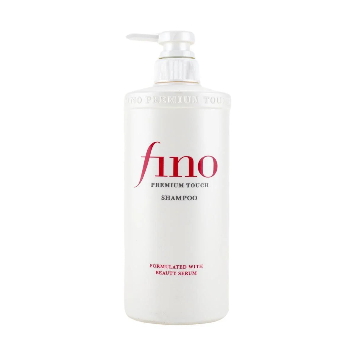 Fino Premium Touch Moist Shampoo in a sleek white bottle with a pump, designed for luxurious hair care and enriched with beauty serum.