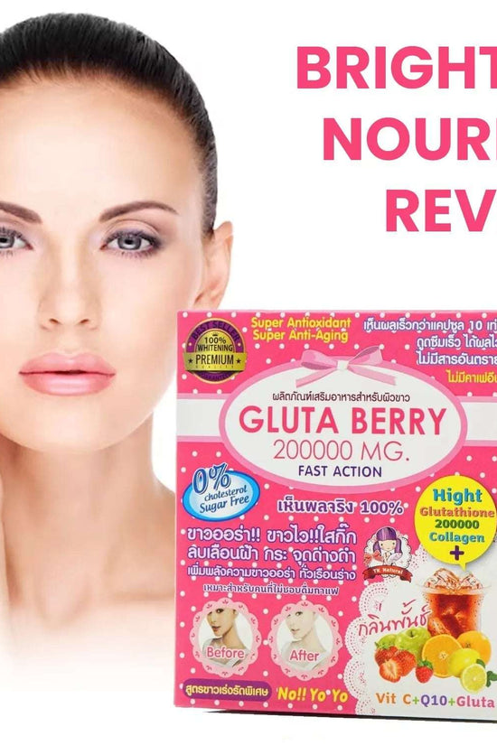 Gluta Berry drink for skin whitening in pink packaging, promoting anti-aging and acne benefits, designed for radiant skin.