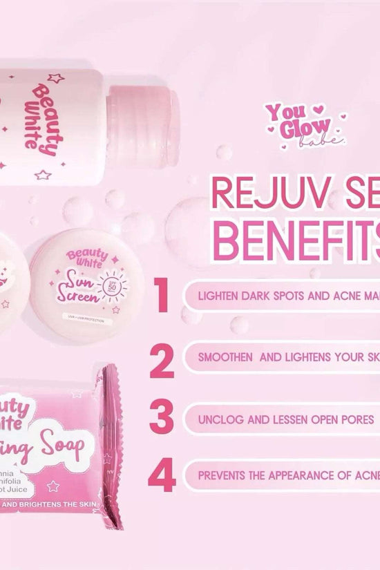 You Glow Babe Beauty White Rejuv Set, a pink cosmetics skincare bundle featuring rejuvenating soap and creams for glowing skin.