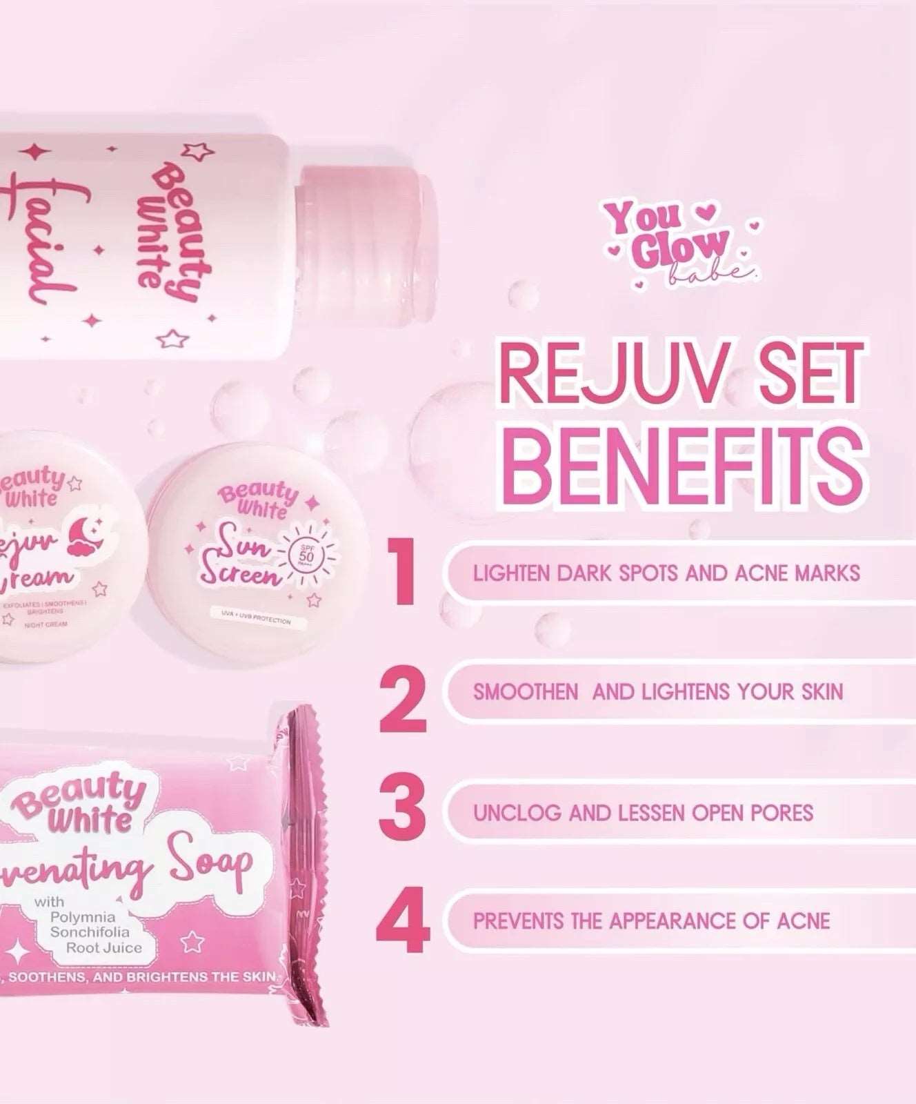 You Glow Babe Beauty White Rejuv Set, a pink cosmetics skincare bundle featuring rejuvenating soap and creams for glowing skin.