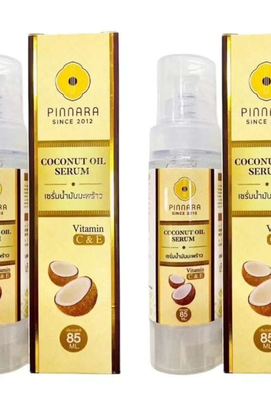Organic coconut oil serum in 85ml bottles, ideal for moisturizing and enriched with vitamins C and E, perfect for skincare.