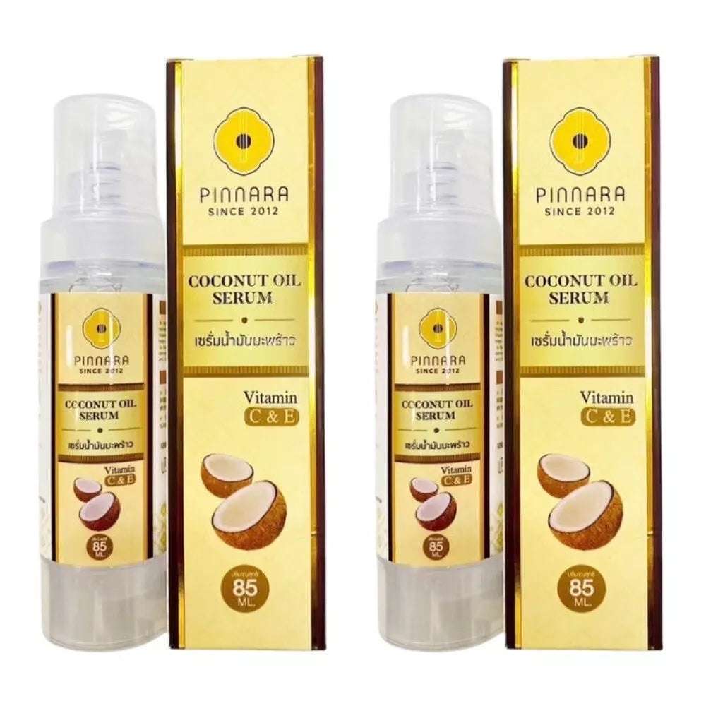 Organic coconut oil serum in 85ml bottles, ideal for moisturizing and enriched with vitamins C and E, perfect for skincare.