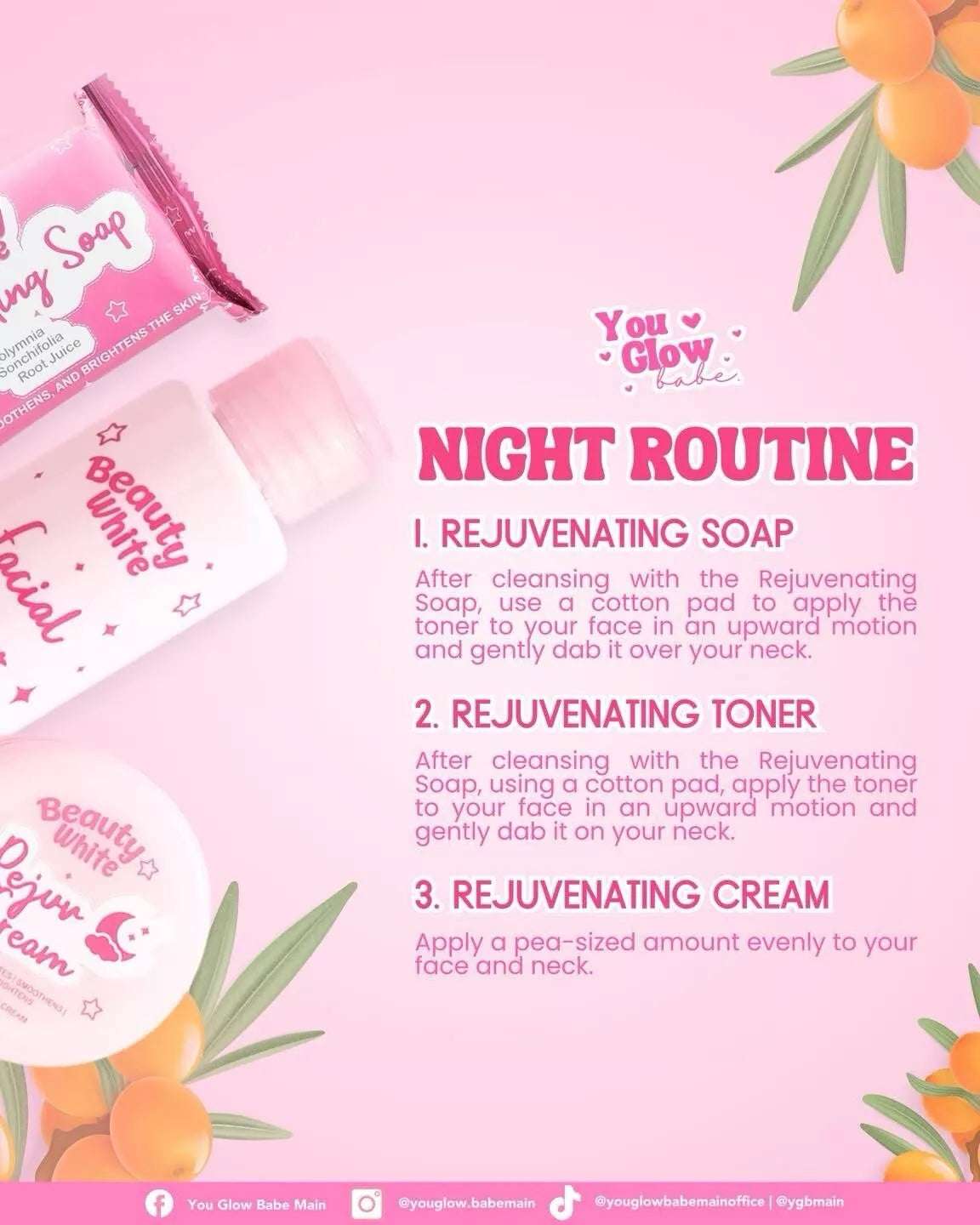 You Glow Babe Beauty White Rejuv Set featuring rejuvenating soap and toner, part of a pink cosmetics skincare bundle