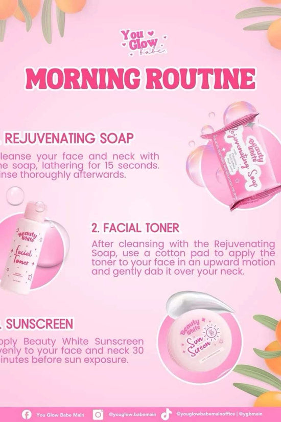 You Glow Babe Beauty White Rejuv Set featuring rejuvenating soap, toner, and sunscreen in a pink cosmetics skincare bundle
