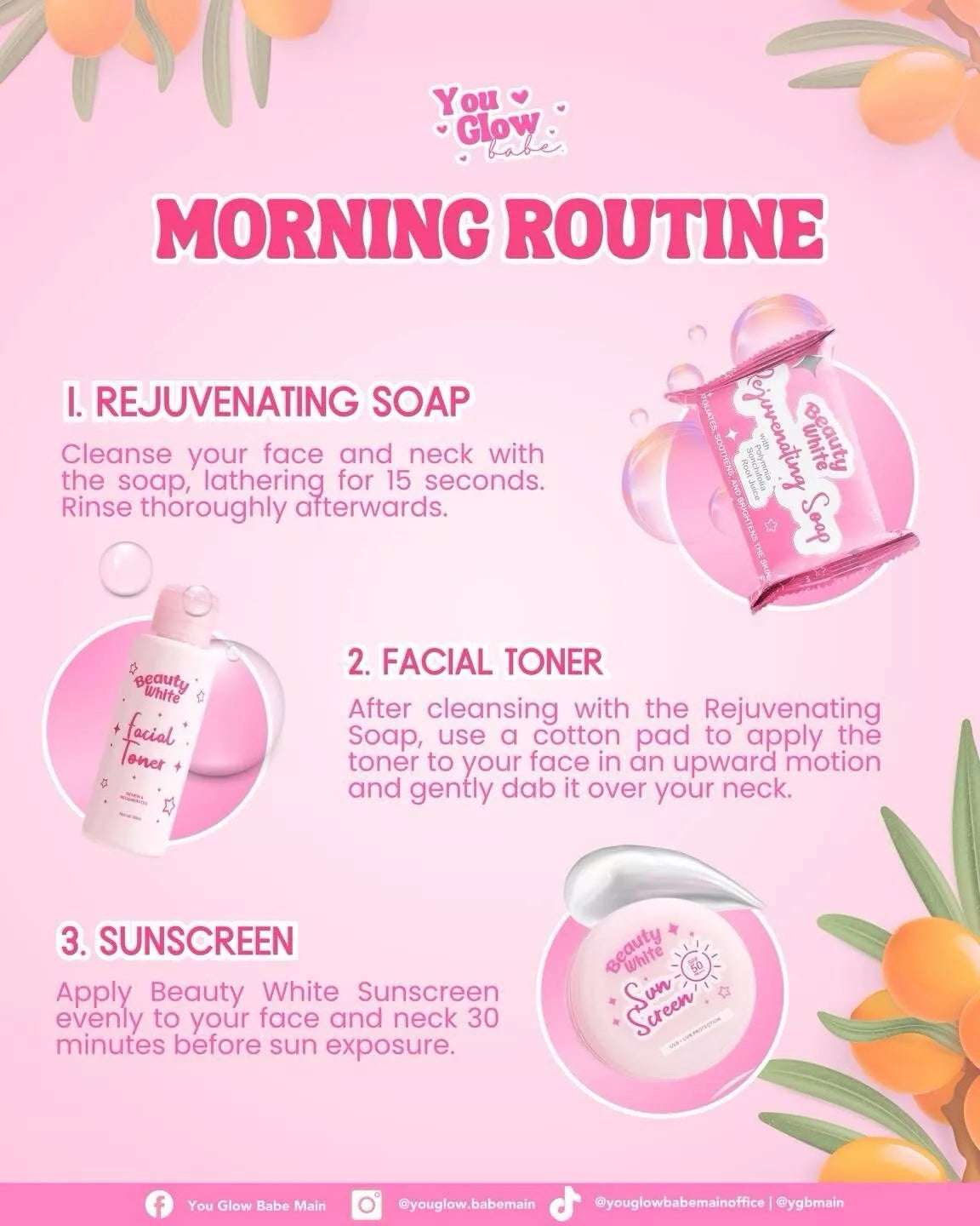 You Glow Babe Beauty White Rejuv Set featuring rejuvenating soap, toner, and sunscreen in a pink cosmetics skincare bundle