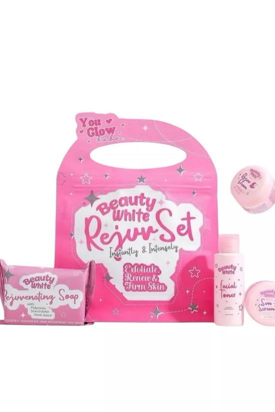 You Glow Babe Beauty White Rejuv Set, a pink cosmetics skincare bundle featuring rejuvenating soap, serum, and moisturizer.