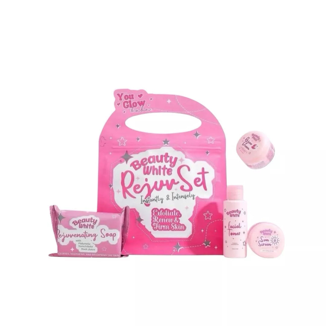 You Glow Babe Beauty White Rejuv Set, a pink cosmetics skincare bundle featuring rejuvenating soap, serum, and moisturizer.