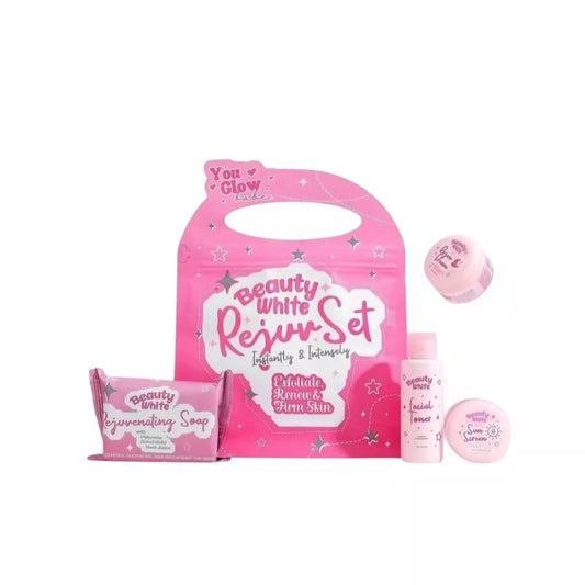 You Glow Babe Beauty White Rejuv Set, a pink cosmetics skincare bundle featuring rejuvenating soap, serum, and moisturizer.