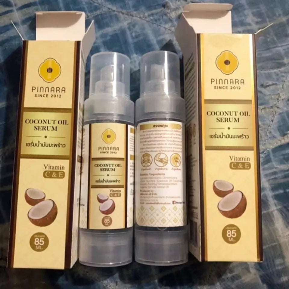 Two bottles of organic virgin coconut oil serum, 85 ml each, perfect as the best coconut oil for moisturizing skin and hair.