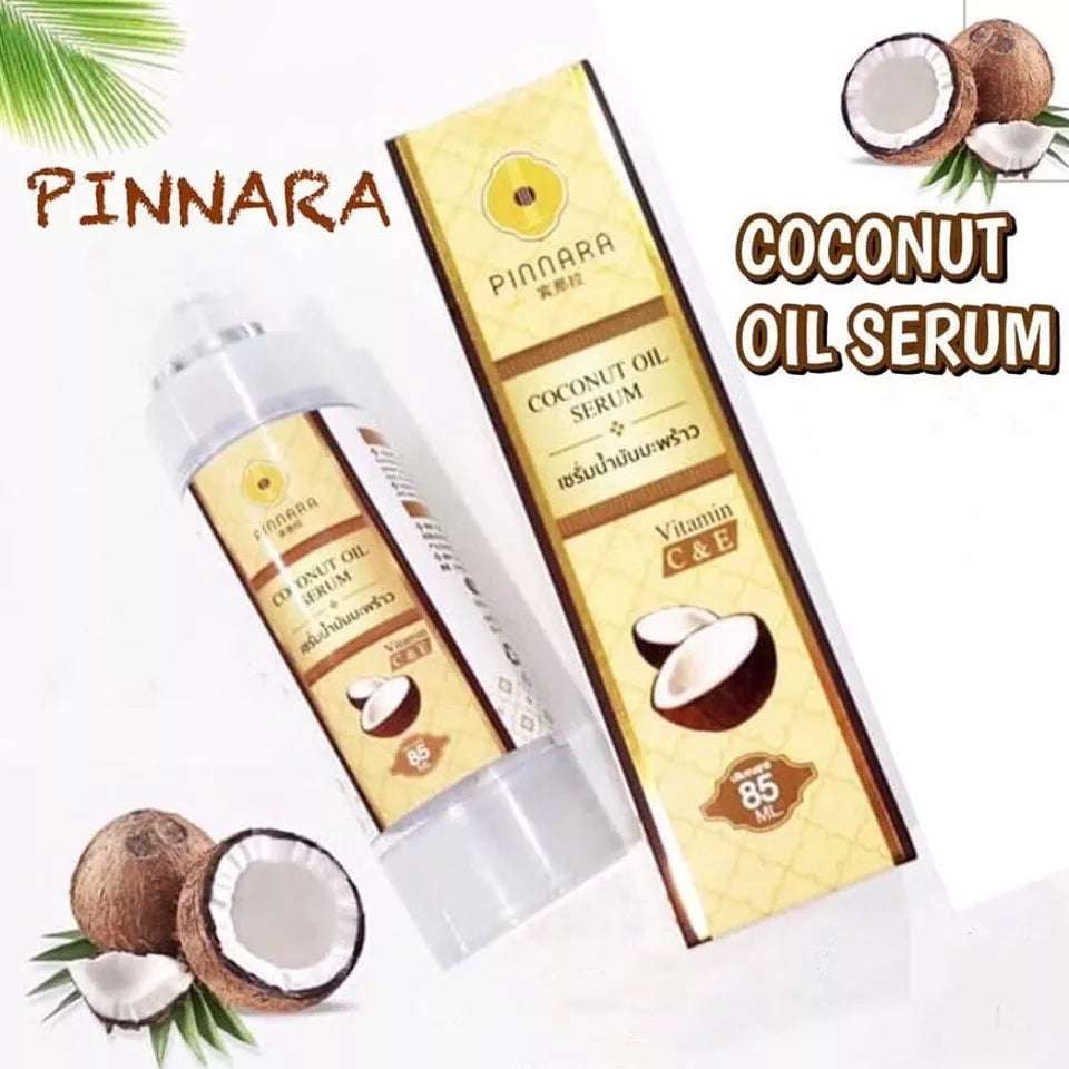 Pinnara coconut oil serum in a sleek 85 ml bottle with natural coconut design, offering the best coconut oil for moisturizing.