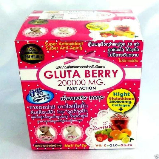 Gluta Berry drink for skin whitening in a colorful box, featuring antioxidants for anti-aging and acne treatment