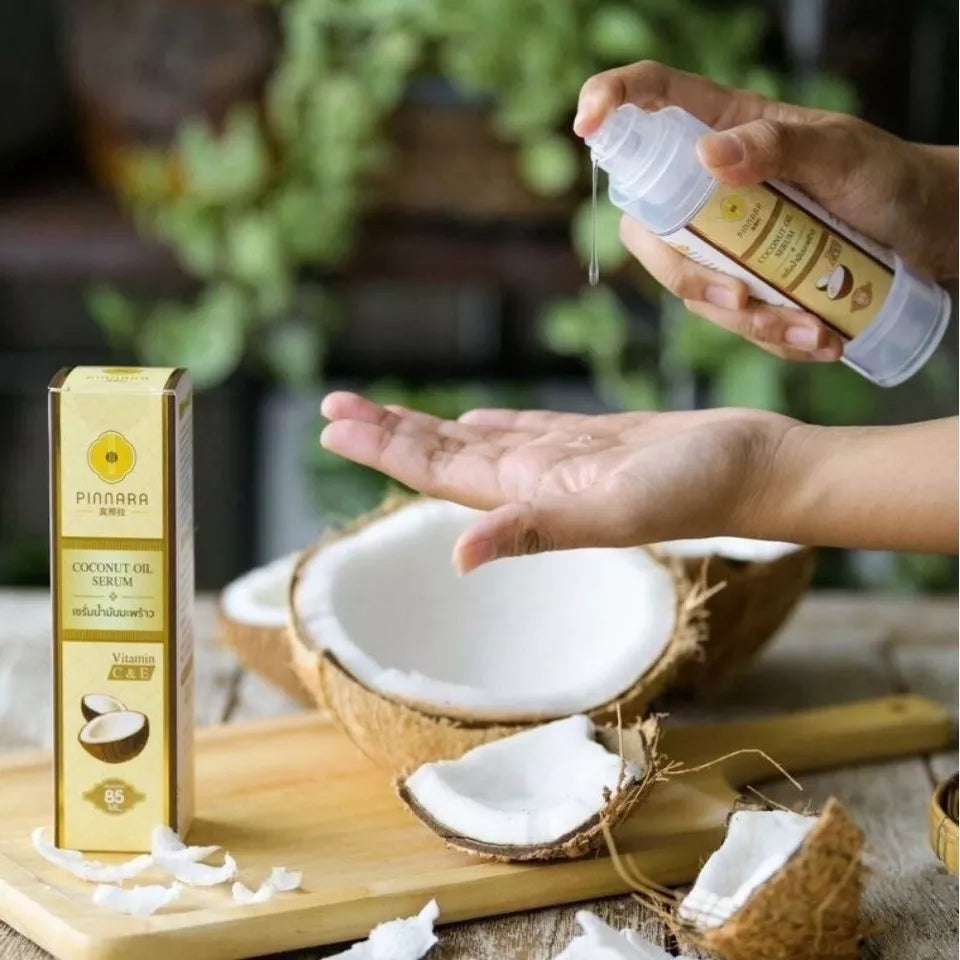 Organic coconut oil serum in a bottle with pump for moisturizing, ideal for skin care and vanity. Best coconut oil for moisturizing.