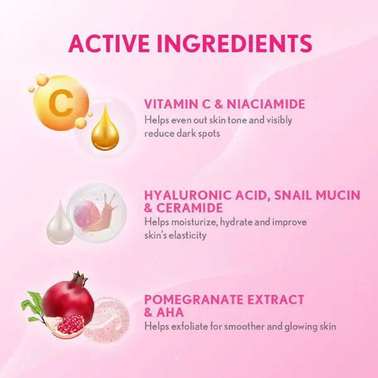 Snailwhite Glow Body Cream featuring active ingredients like Vitamin C, Hyaluronic Acid, and Pomegranate for radiant skin