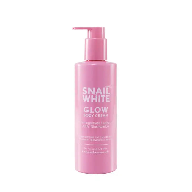 Pinky Cosmetics Snailwhite Glow Body Cream in a pink pump bottle for radiant skin