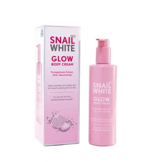 Pinky Cosmetics Snailwhite Glow Body Cream with pomegranate extract in a pink bottle for hydration