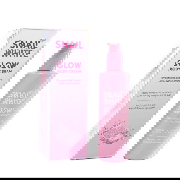 Pinky Cosmetics Snailwhite Glow Body Cream with pomegranate extract in a pink bottle for hydration
