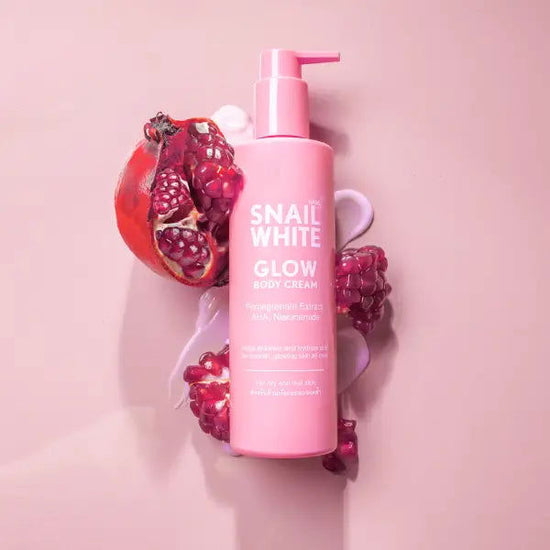 Pinky Cosmetics Snailwhite Glow Body Cream in pink bottle with pomegranate extracts for radiant skin