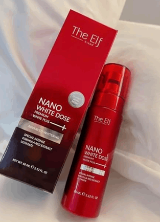 The Elf Nano White Dose brightening serum for glowing skin in red bottle with matching box