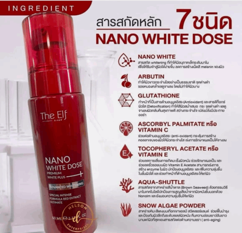 Pinky Cosmetics Nano White Dose brightening serum for glowing skin in red bottle with detailed ingredient list