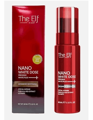 The Elf Nano White Dose brightening serum for glowing skin in a red bottle with matching packaging