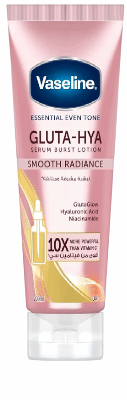 Vaseline Gluta-Hya lotion in a tube with serum burst for smooth radiance and even skin tone