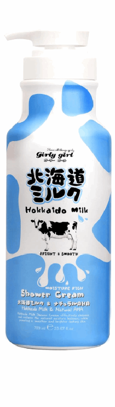Pinky Cosmetics Hokkaido Milk moisturizing shower cream in a blue and white bottle for soft skin